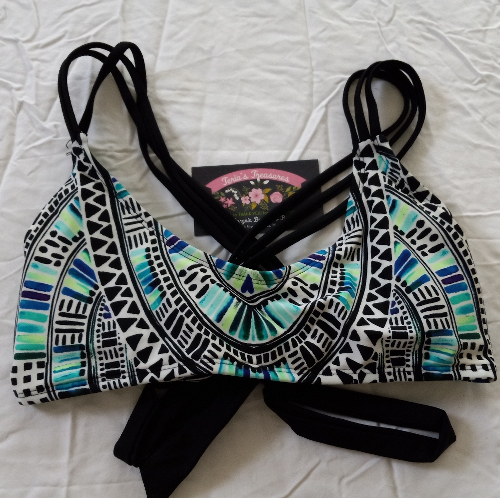 California Waves Sea Glass Deco Print Strappy Juniors Bikini Top L Multi Colored